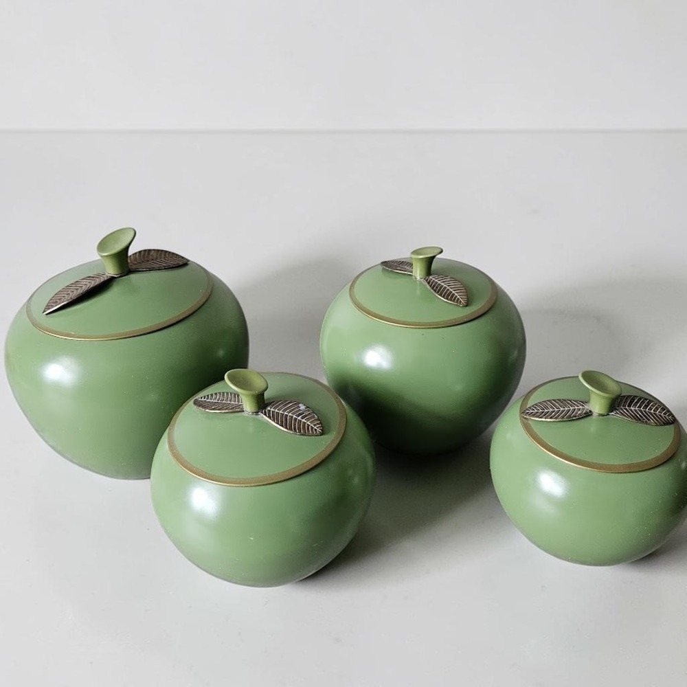 MCM Chrom-Ever Avocado Green Apple Canister Set 4pc Brass Leaf Aluminum Vintage